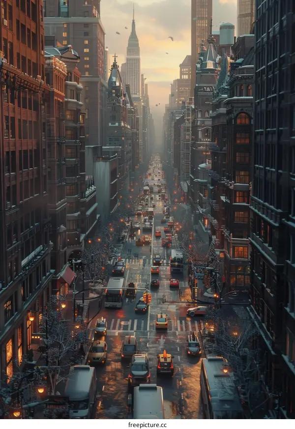 Snowy City Street at Dusk