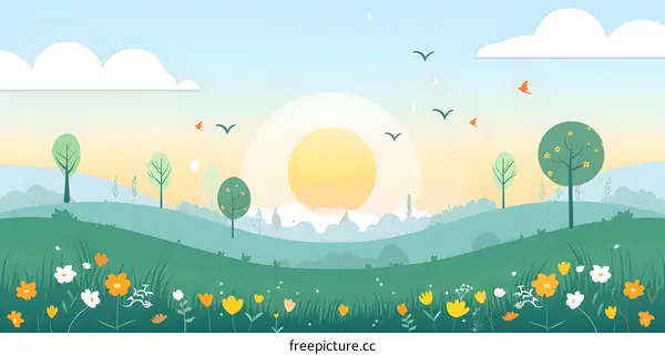 Sunrise Landscape with Birds and Flowers