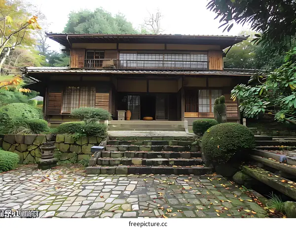 Traditional Japanese House with Stone Steps and Garden