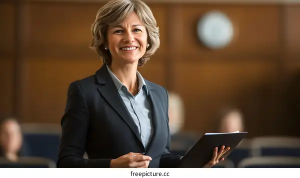 Smiling Businesswoman Holding a File in a Conference Room