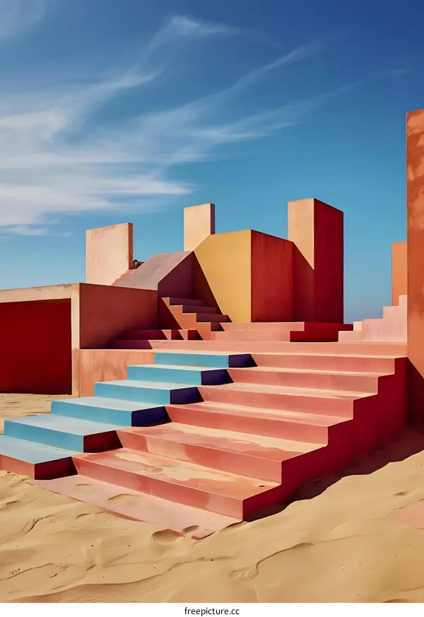 Abstract Architecture with Colorful Stairs Against Blue Sky