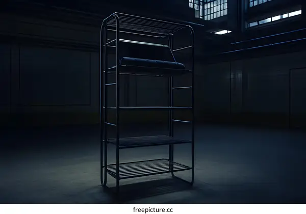 Black Metal Shelf in Empty Room With Windows