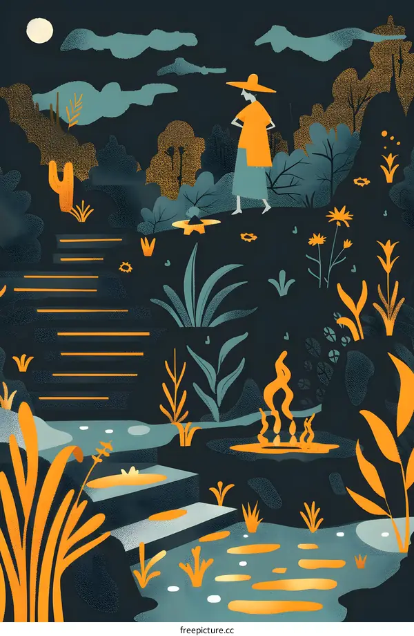 Woman in Yellow Standing in a Forest at Night