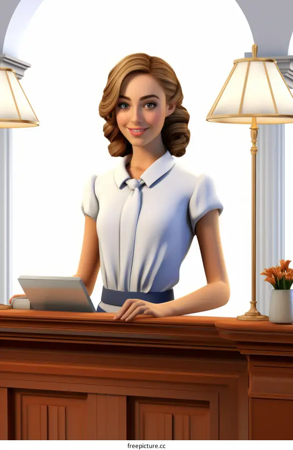 Illustration of a woman standing at a hotel reception desk