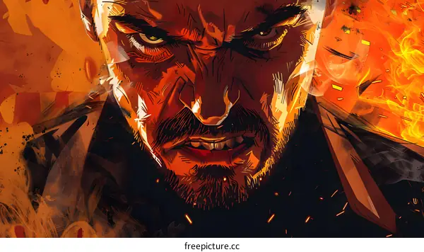 Illustration of a mans face with a beard and a stern expression, his eyes narrowed and his mouth slightly open, with flames in the background