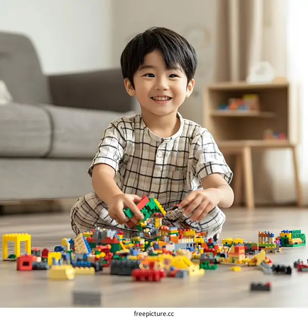 Asian Boy Playing with Building Blocks in Living Room