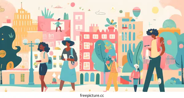 Diverse People Walking in a City Illustration
