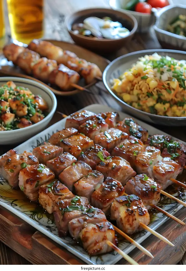 Grilled meat skewers on a plate with side dishes