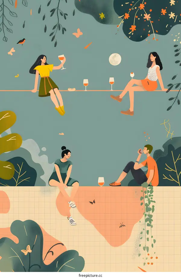 Four People Sitting On Wall Drinking Wine And Enjoying The View