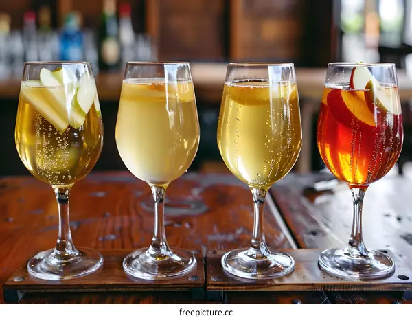 Four Glasses of Sparkling Cider with Fruit Garnish