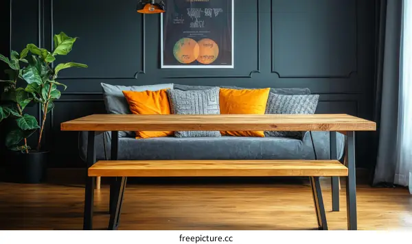 Modern Dining Room with Wooden Table and Bench