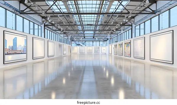 Modern Art Gallery Interior with Empty Frames and Skylight