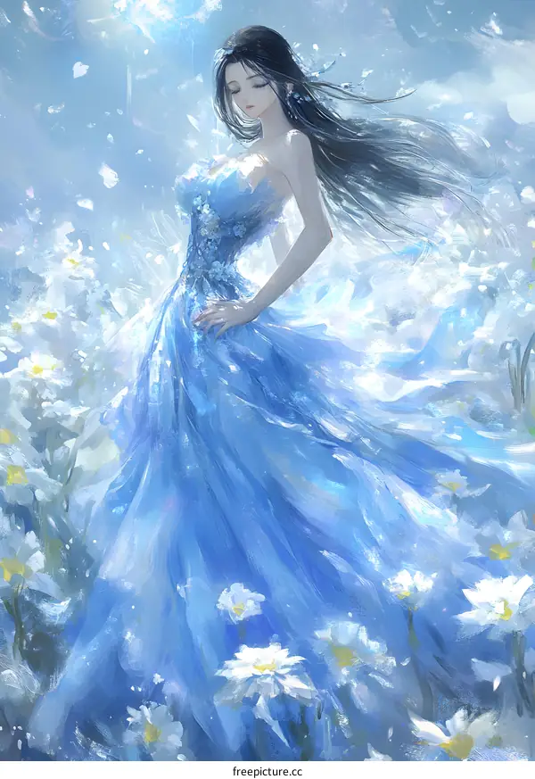 Anime Girl In Blue Dress With Flowers