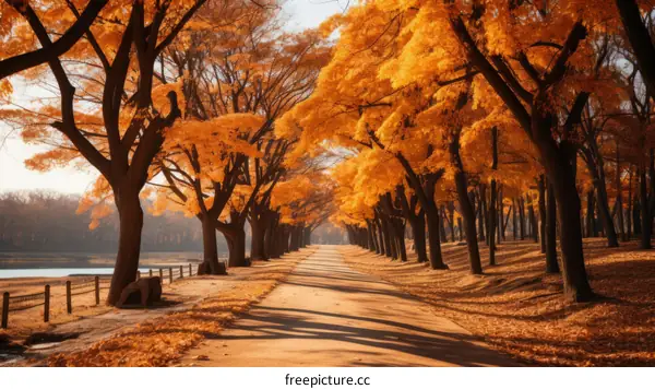 Fall Scenery of Trees by Lake with Path
