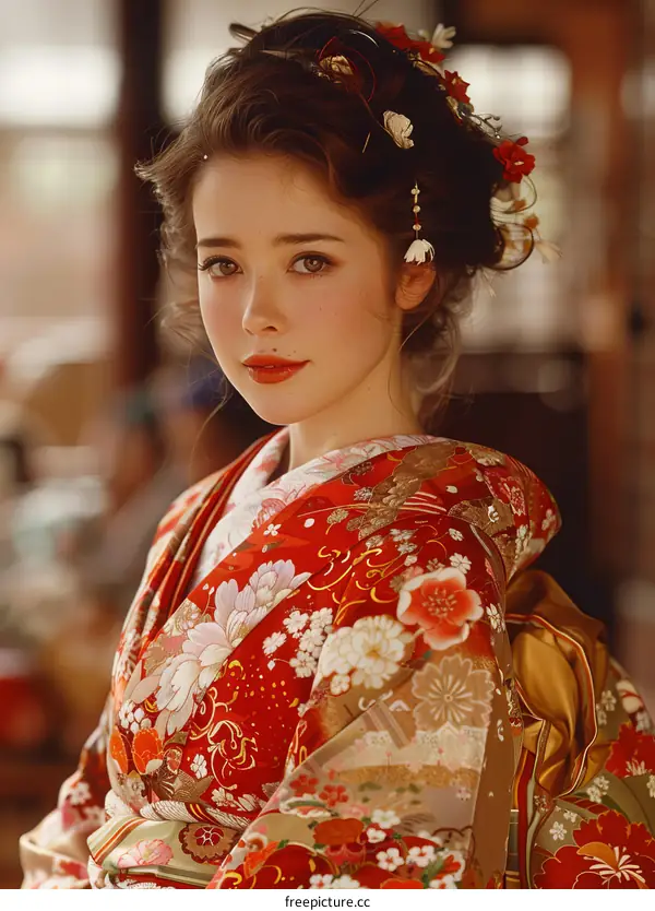 Portrait of a beautiful woman in a red kimono