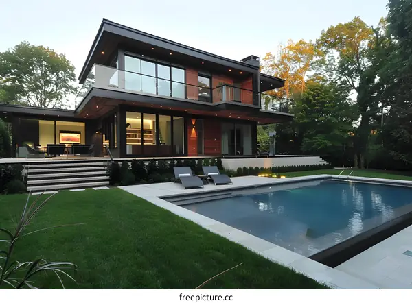 Modern House With Swimming Pool And Green Grass