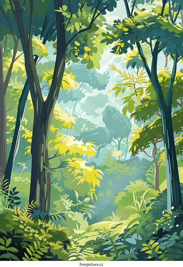 Forest Illustration With Green Trees And Lush Foliage