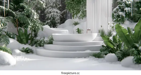 White Bathtub in Snowy Forest Minimalist 3D Illustration