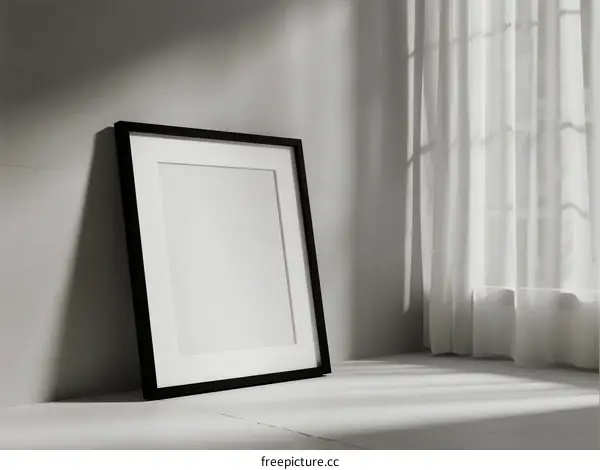 A black frame with white background placed near white curtains