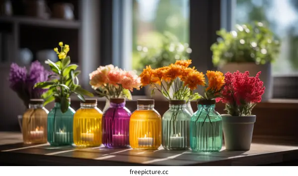 colorful glass vases with flowers on a wooden table