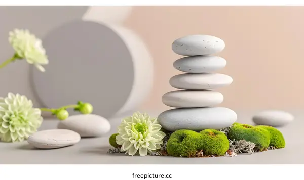Stack of Stones and Green Moss on Grey Background