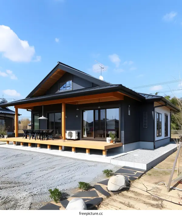 Modern Black House with Wooden Deck and Gravel Yard