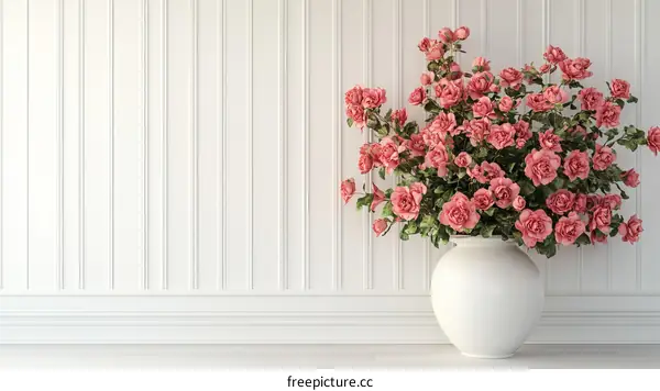 Elegant Pink Roses in a White Vase on a White Wall