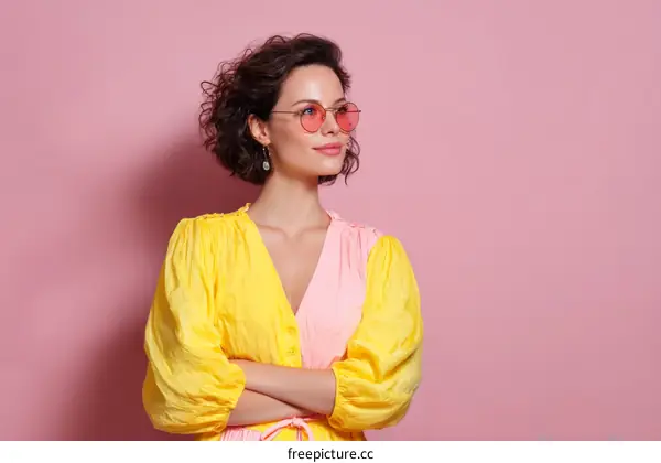 Stylish Woman in Vibrant Yellow and Pink Dress
