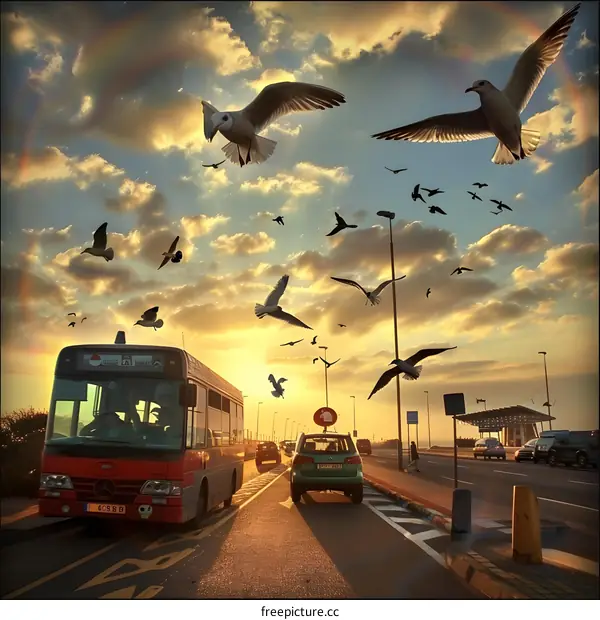 Bus Driving Under Sunset Sky With Seagulls