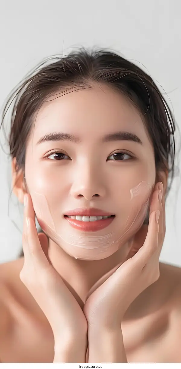 Close Up Portrait of Young Asian Woman with Smooth Skin and Soft Natural Makeup