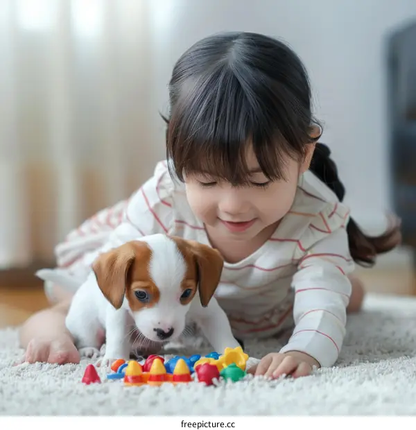 Asian toddler girl playing with a puppy