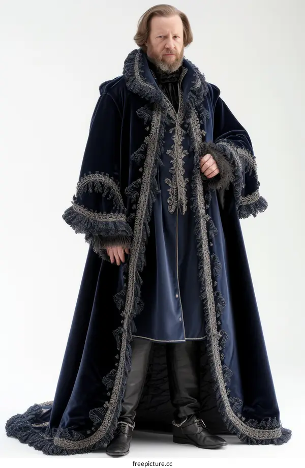 A man wearing a blue velvet coat with silver embroidery