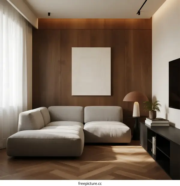 Modern minimalist living room with wooden panel walls and L-shaped sofa