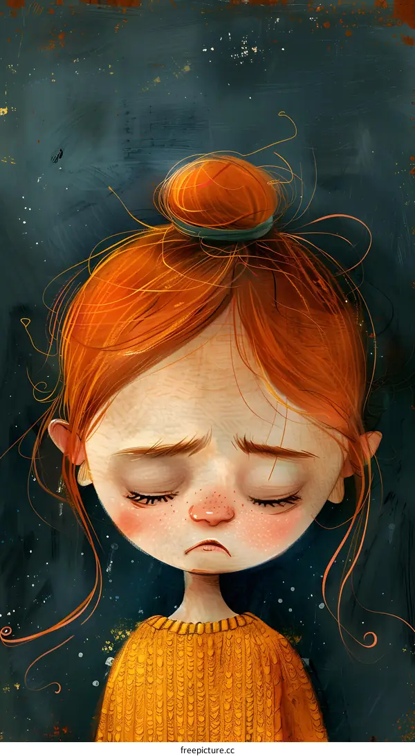 Sad Little Girl with Closed Eyes and Orange Hair