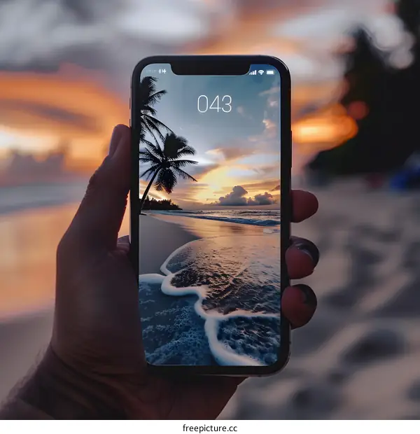Hand Holding Phone with Sunset Beach Scene