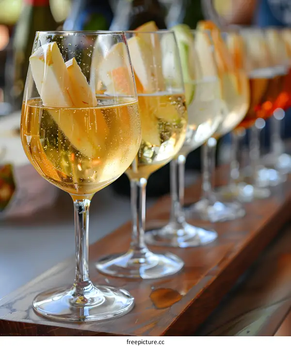 Close Up of Wine Glasses with Apple Slices