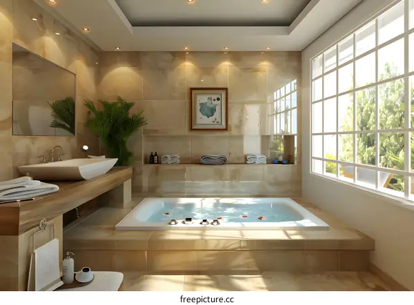 Bathroom interior with bathtub and large window