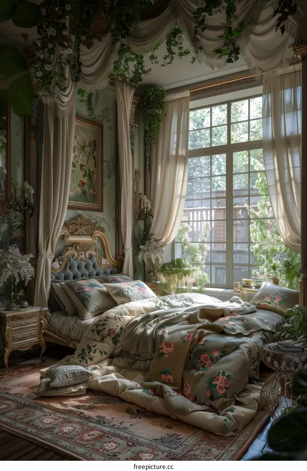 Elegant Vintage Bedroom with Lush Greenery
