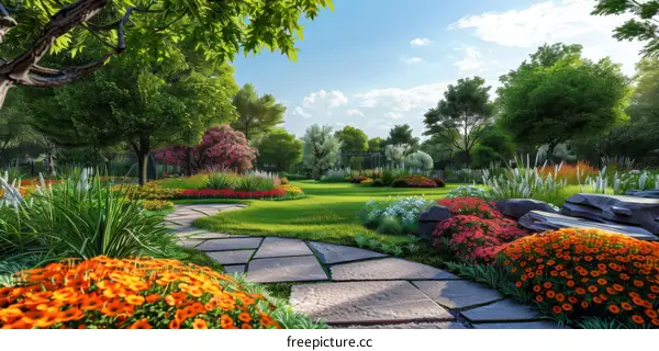 Lush Garden Path with Flowers and Trees