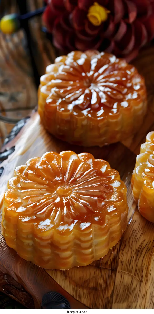 Close Up Of Delicious Golden Caramel Cakes On Wooden Board