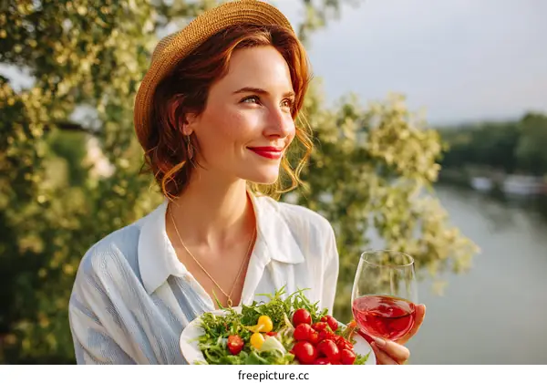 Woman enjoying a salad and wine outdoors