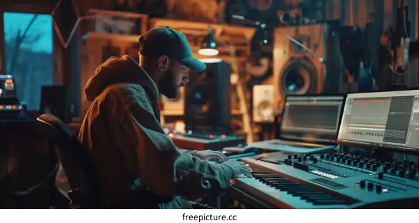 Black man in a studio with a soundboard and a computer