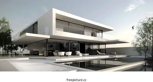 Modern Minimalist Home With Swimming Pool And Silhouette Of A Person