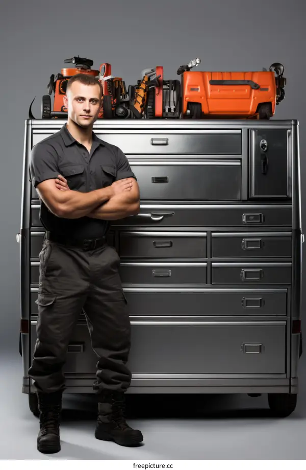 mechanic standing in front of tool chest
