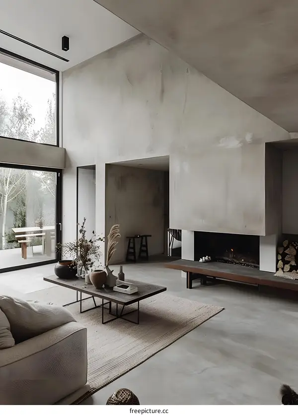 Modern Minimalist Living Room with Concrete Walls and Fireplace
