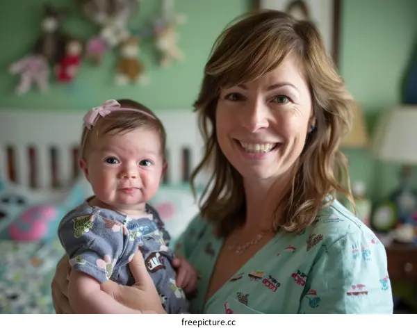 A mother is smiling at her baby.