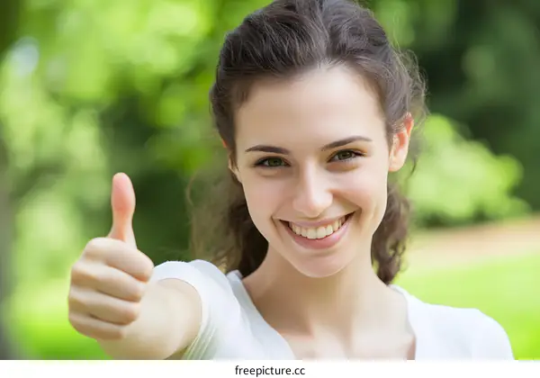 Smiling Woman Giving Thumbs Up in Green Park