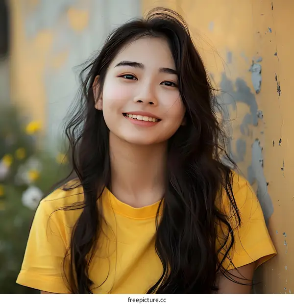 Smiling Asian Woman in Yellow T-Shirt