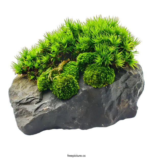 [Transparent Background PNG]Green Moss on Black Rock Isolated on White Background