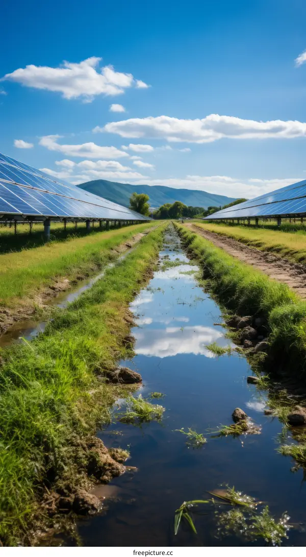 A large solar farm with many rows of solar panels and a small creek running through the middle